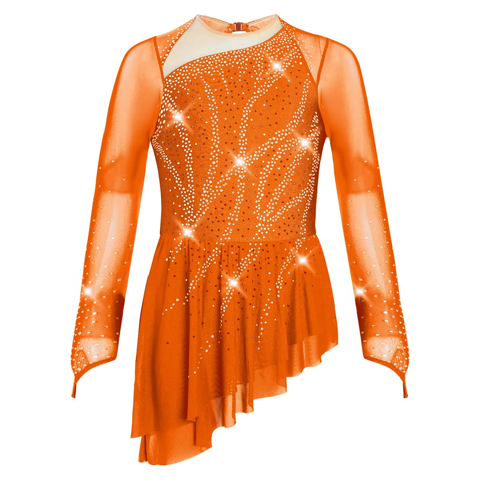 

Girls Lyrical Ballet Dance Dress Long Sleeve Sheer Mesh Cutout Back Sparkly Rhinestones Asymmetric Hem Figure Skating Costume