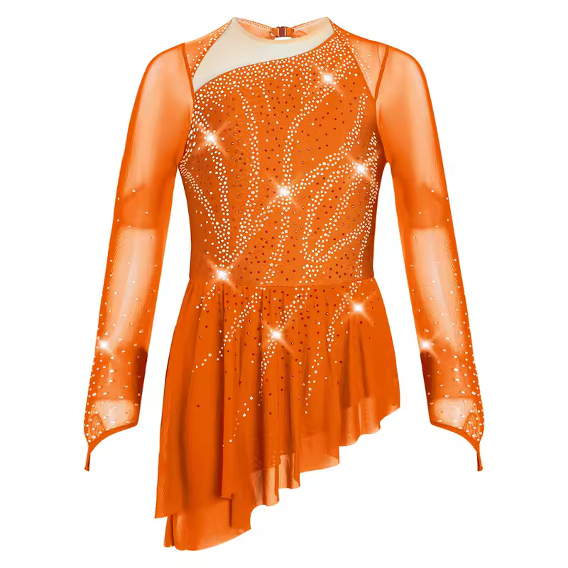 Kids Girls Figure Skating Rhythmic Gymnastics Leotard Dress Asymmetrical Split Shiny Rhinestones Contrast Color Dress Ballerina - Image 7
