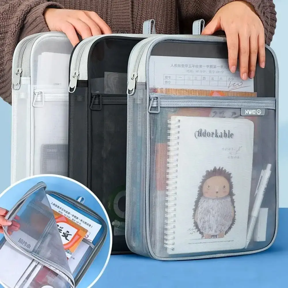 

Portable Mesh Zipper Pouch Bag Large Capacity Thickened Transparent File Holder Handle Lightweight Document Organizer Students