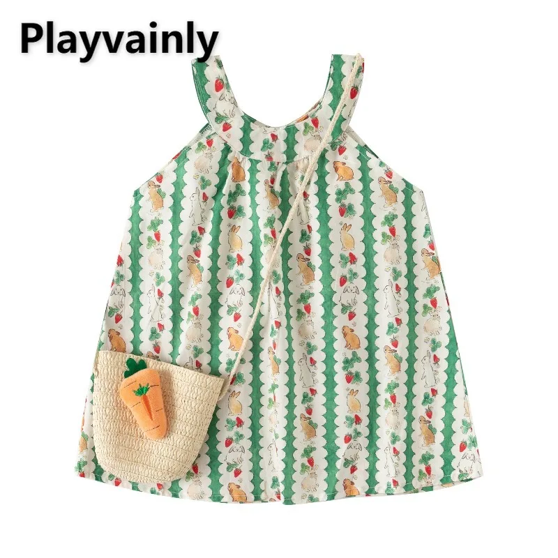 

Летнее модное платье-халтер для девочек на Пасху 2026 года, зеленое в полоску, с милым принтом кролика, без рукавов, пляжное, в комплекте с сумкой-морковкой A0652