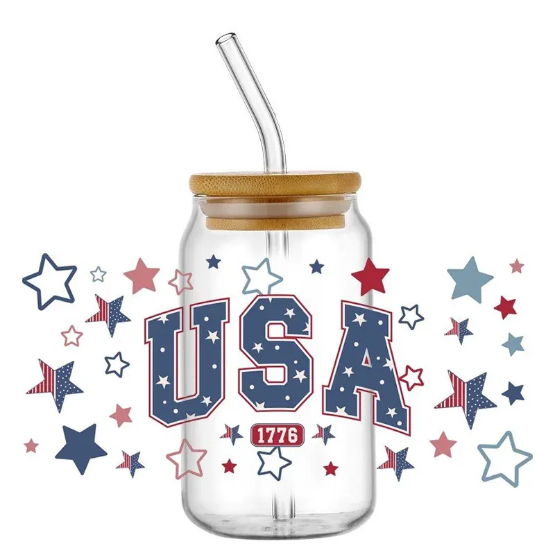 

4th Of July Independence Day Patriotic UV DTF Cup Wraps Sticker Transfer For 16oz Libbey Glass Can New Cartoon Can Wrap