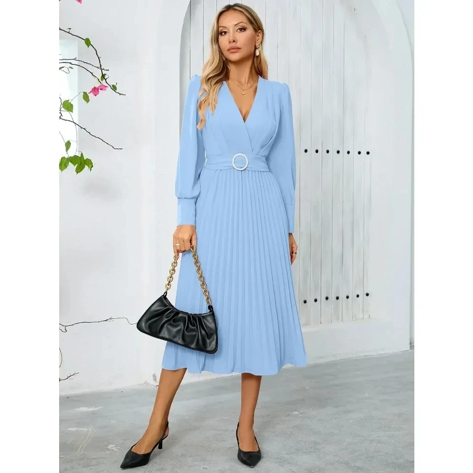 

Long Sleeved Dress Women's Fashionable V-neck Temperament A-line Style Autumn and Winter New Item