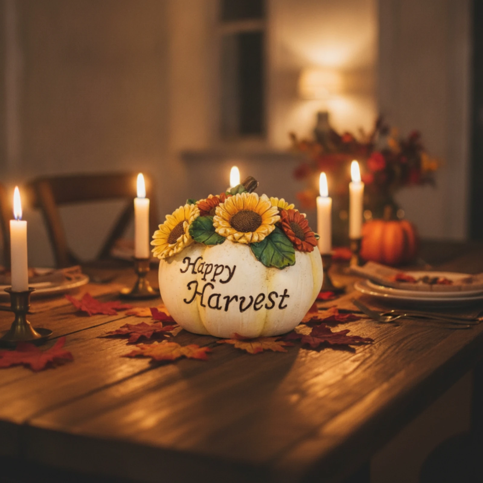 Pumpkin Figurine Fall Pumpkin with Sunflowers Rustic Freestanding for Shelf, Mantel view 3