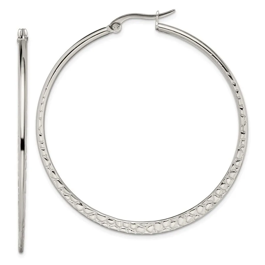 

Chisel Stainless Steel Polished and Textured 50mm Diameter Hoop Earrings