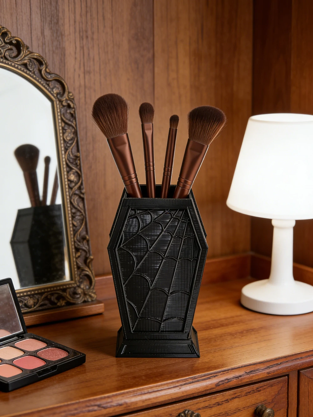 Gothic Dark Halloween Coffin Spider Web Makeup Brush Storage Box Pen Holder Unique Spider Web Design Decorative Ornament