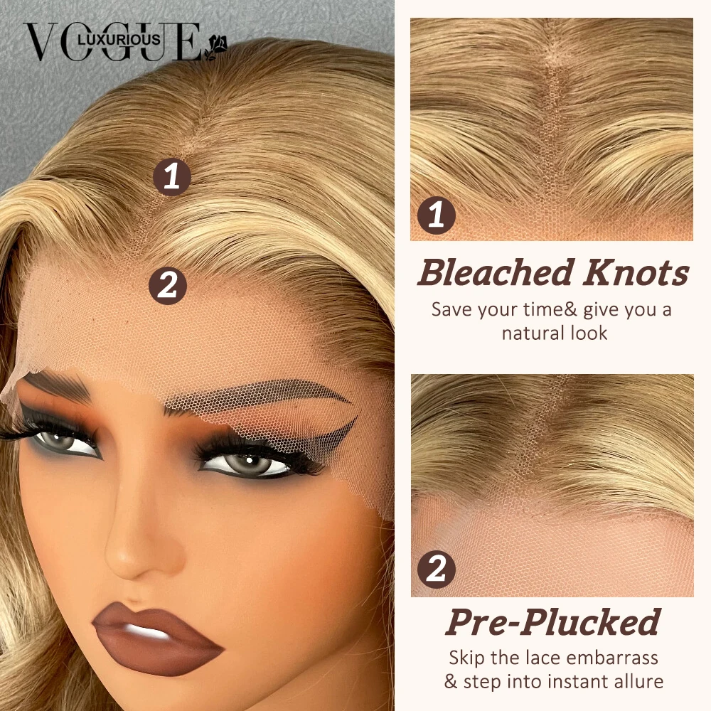 LUX VOGUE تسليط الضوء على ضباب الذهب Balayage اللون Beachy موجات 100% عذراء شعر مستعار 190% الكثافة 13x6 ترقية عارية اللون الدانتيل الباروكات