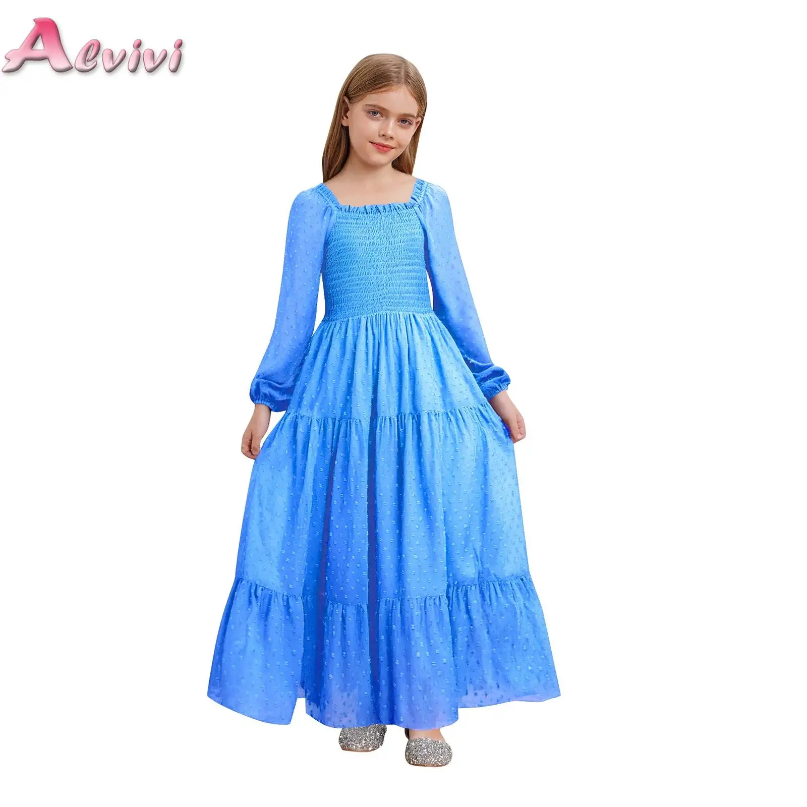 

Children Princess Girls Party Wear Kids Christmas Dress Chiffon Long Sleeve Belted Girl's Birthday Wedding Banquet Clothes