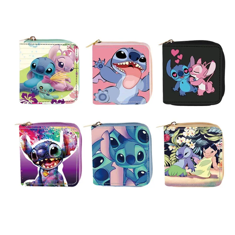 Cartera de dibujos animados de Disney, monedero corto con estampado de Lilo & Stitch, tarjetero multicapa de lujo, regalo para niños