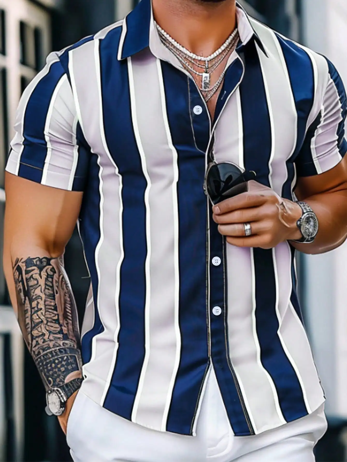 

Men's Short Sleeve Single-Breasted Casual Striped Shirt in Navy and White