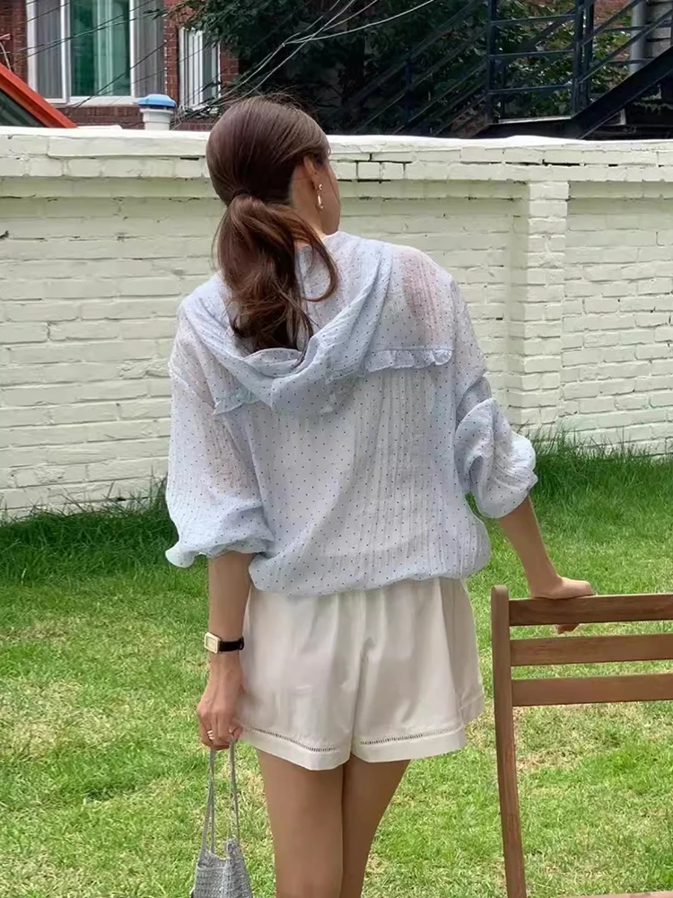 

Anti-Aging Polka Dot Hooded Sun Protection Jaet Women's Summer New Loose Fit Long Sve Top Transparent Micro Perforation
