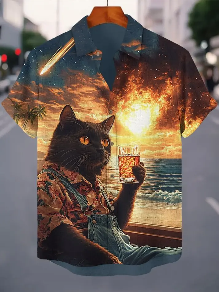 

New Arrival Men's Funny Cat Art Shirts 2025 Cool 3D Print Hawaiian Shirts Casual Beach Tops Summer Men Women Short Sleeve Blouse