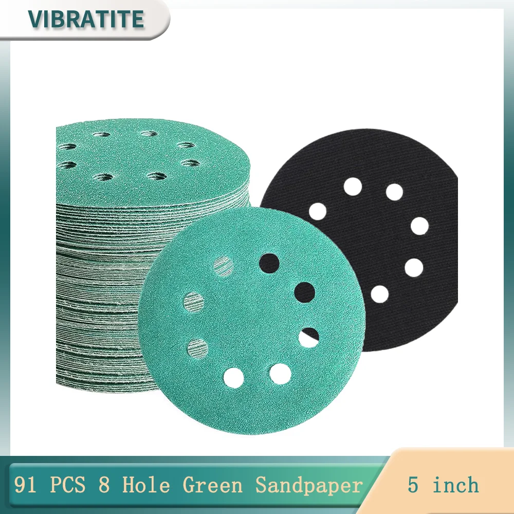 91 PCS 5 Inch 8 Hole Green Sanding Discs with Interface Pad Hook and Loop 80-1500 High Grit Assortments Fine Grit Sandpaper