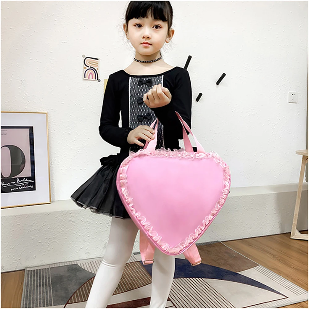 Kids Ballet Dance Backpack Heart Shape Ruffle Lace Handbag Girls Pink Shoulder Bag Children Dance Training Storage Bag