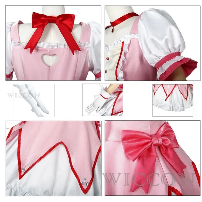 Puella Magi Madoka Magica รองเท้าชุดคอสเพลย์ผู้หญิงกระโปรงซับในเดรสบอลสั้นสีชมพูชุดปาร์ตี้ฮาโลวีน