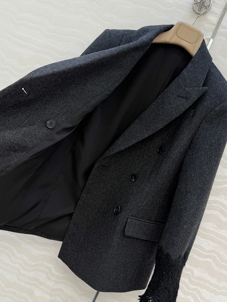 

Autumn winter New style Lace Splicing Suit collar Double-row buckle Design Cashmere Material Woman black Fashion Beautiful Suit