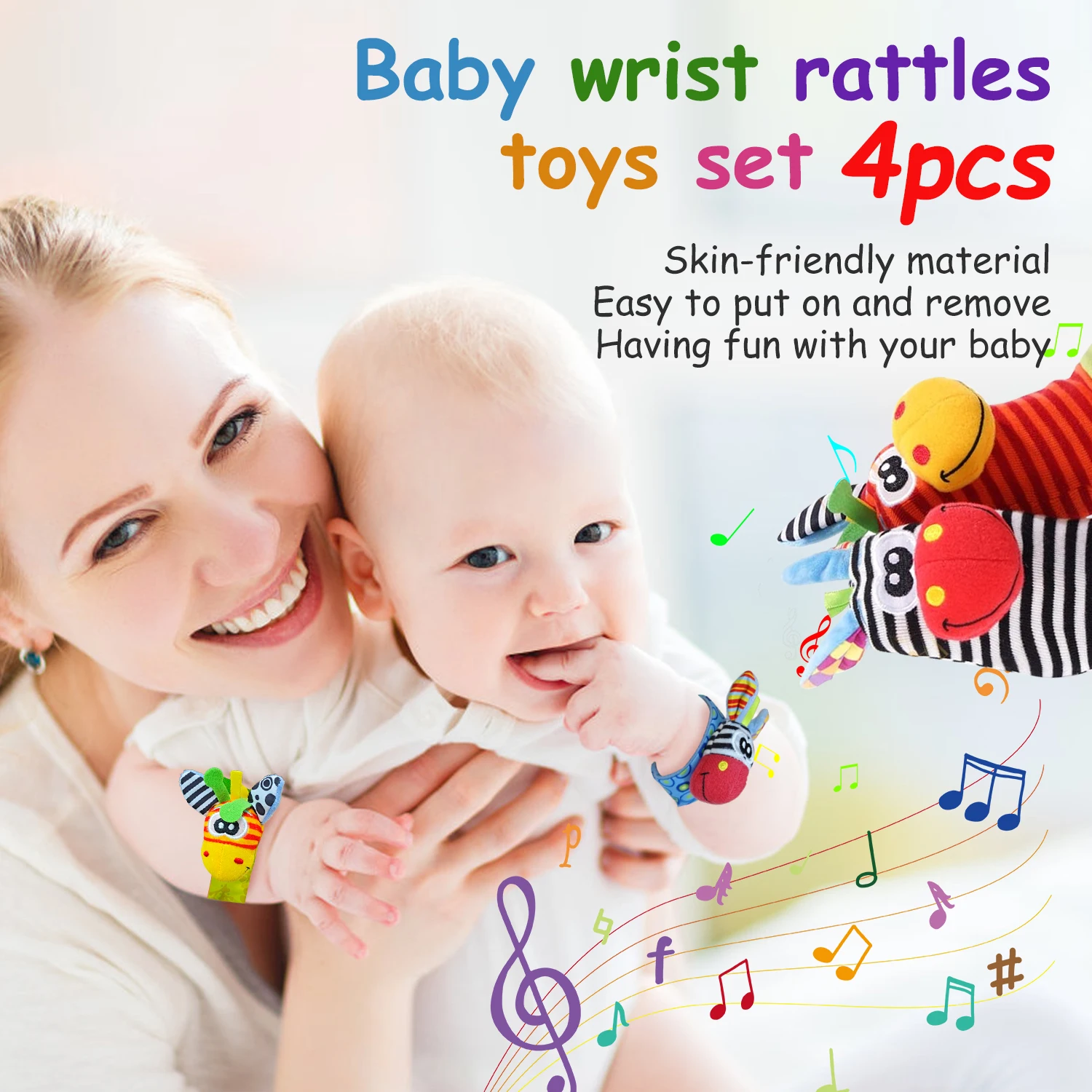 4PCS Baby Rattles Toys 0-12 Months Baby Toys Animal Socks Wrist Strap Sock Set Rattle Baby Foot Socks Sensory Toys for Babies