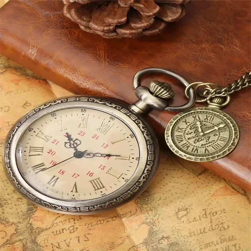 Old Fashion Clock Open Face Design Retro Quartz Pocket Watch for Men Women Fob Compass with Necklace Chain Reloj De Bolsillo