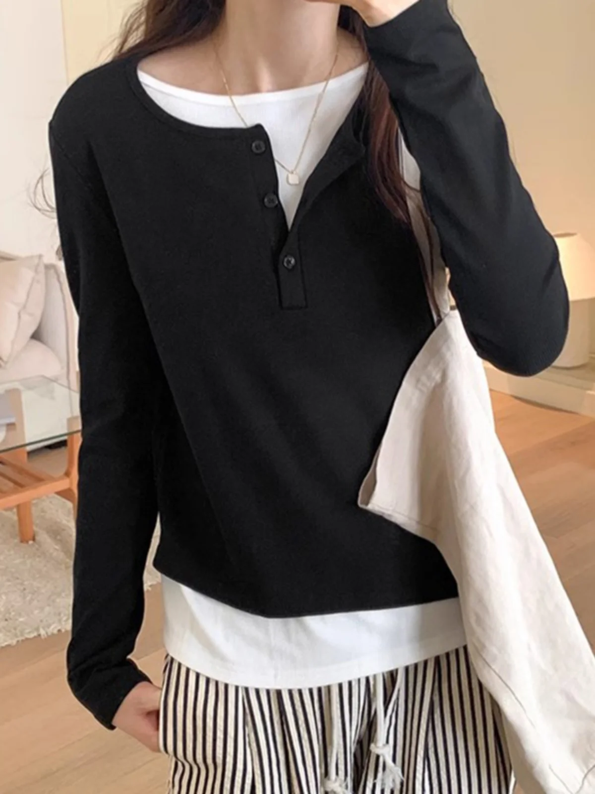 Slimming Effect Pure Cotton Long Sleeve Base Shirt Women's Loose Fashionable Top Spring Autumn New Arrival 2026