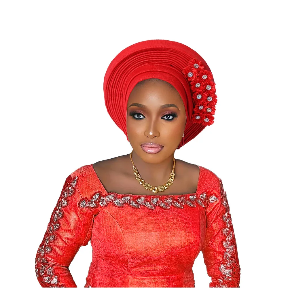 Nigerian Wedding Gele, Heavy Duty Glitter Layered Headwrap with Adhesive Flowers & Ties, African Party Headpiece