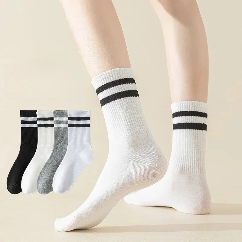 

5 Pairs Breathable Sports Socks - Mid-Calf & Ankle Length, Moisture-Wicking, Black-White Stripes, Soft for Gym, Running, Hiking