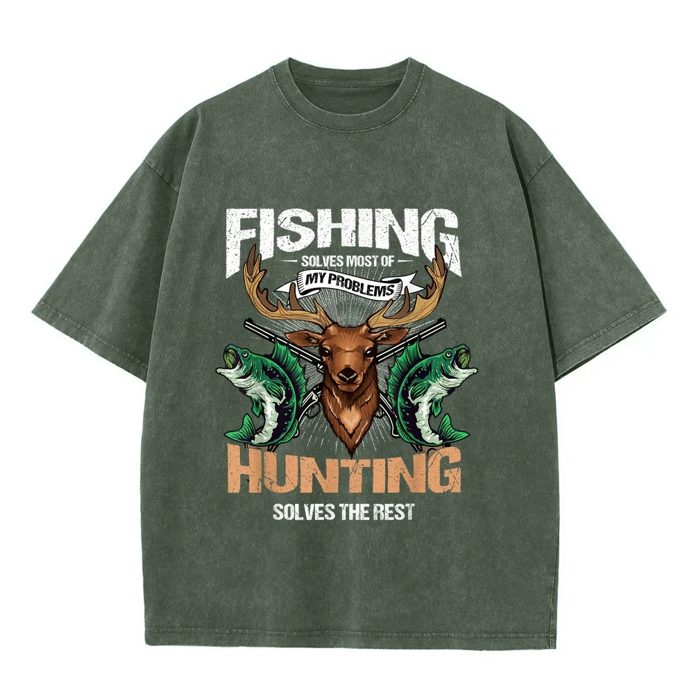 Fishing Solves Most Of My Problems Deer Hunting T-Shirt 남자옷 Tシャツ Extra Large Graphic Shirt White Short Sleeve Tee Cotton