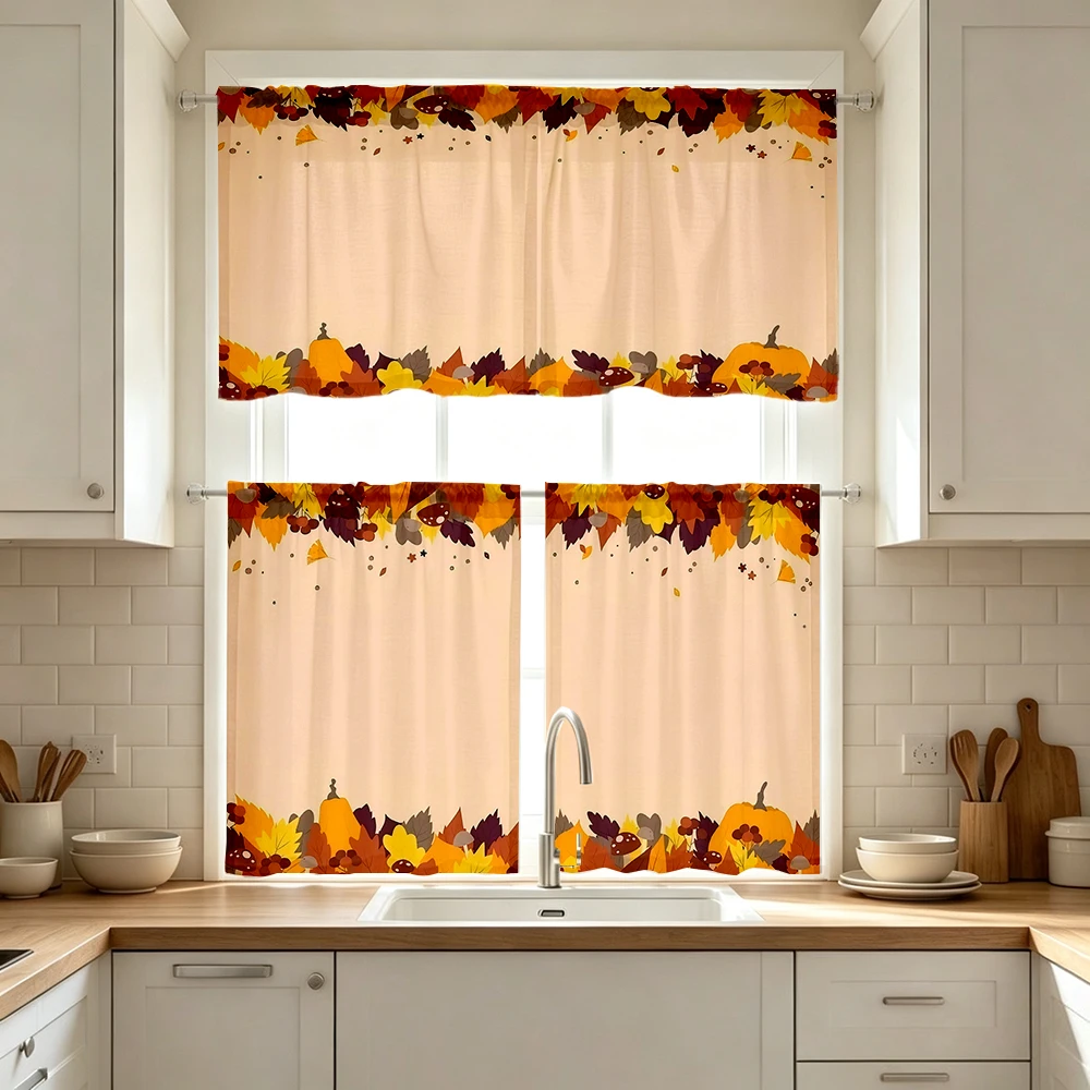 Thanksgiving Fall Kitchen Curtains, Pumpkin Maple Border, Digital Print, Kitchen Dining Room, Rod Pocket Polyester, Home Decor