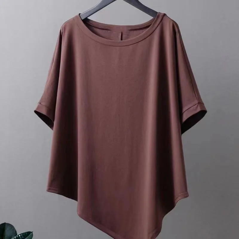 2024 The New Spring And Summer Fashion Cotton T-shirt Is Irregular Female Retro Batwing Coat Loose Hide Belly Fat With Short Top