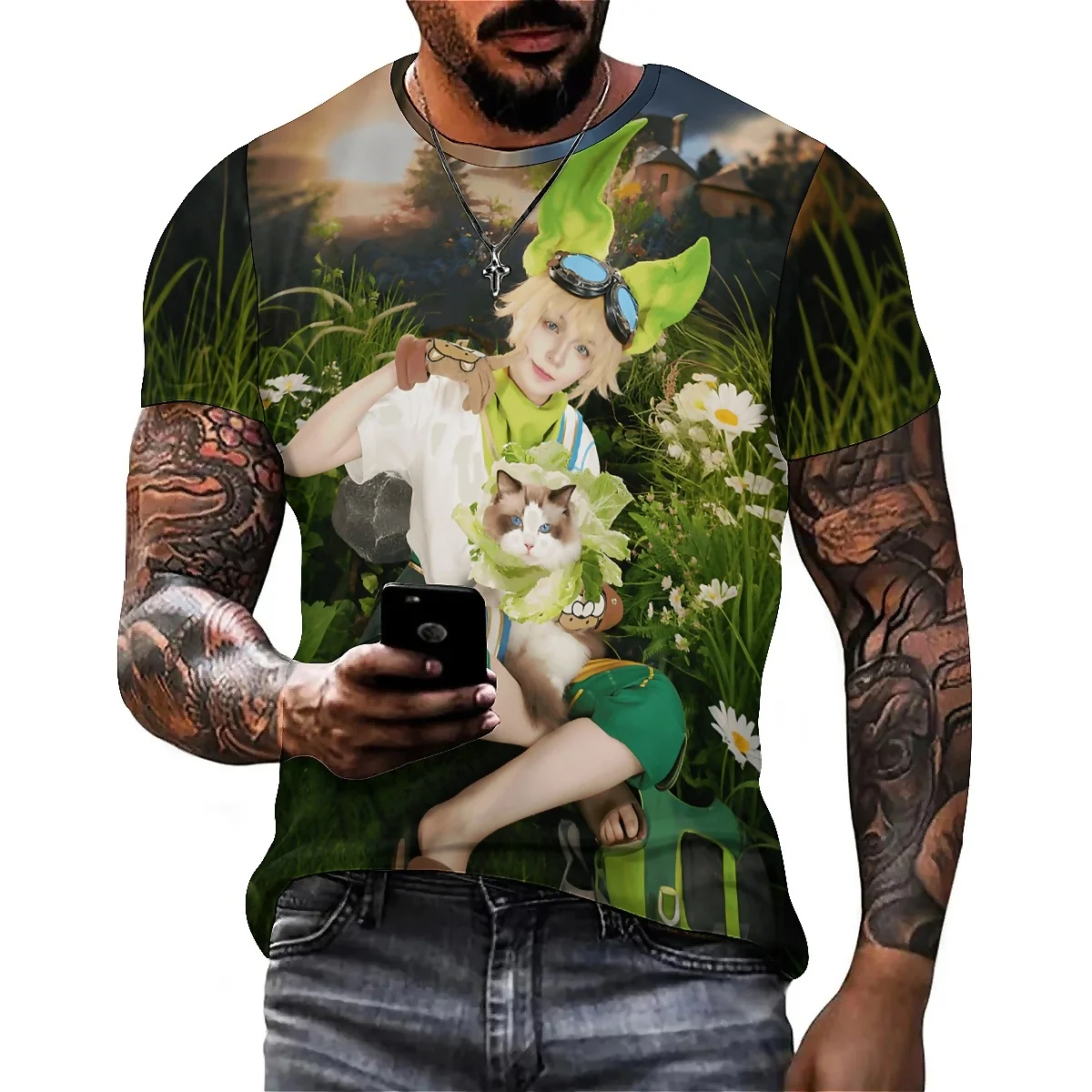 

Retro Cute Colorful Men's 3D Printed Short-Sleeve T-Shirt - Worker Style, High-Quality Printing Top