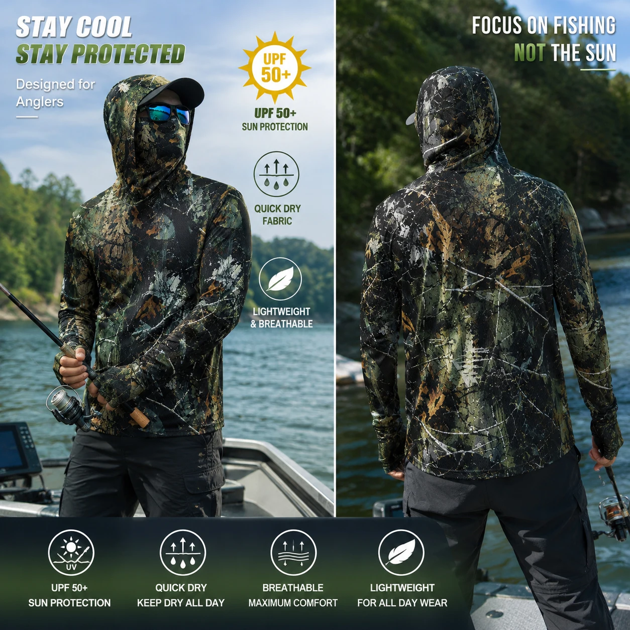 Men UPF50+ Sun Protection Fishing Hoodie With Face Mask Leaf Camo Quick Dry Anti‑UV Hunting Boating Long Sleeve Shirt