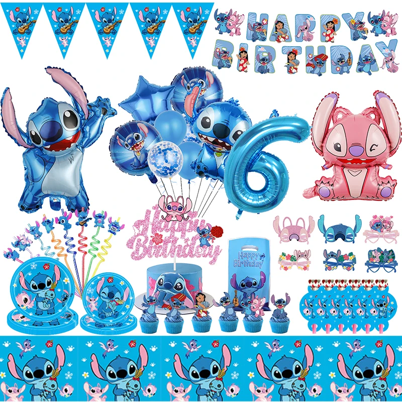 Decoración de fiesta de cumpleaños de Disney Stitch, globos, vajilla, suministros, telón de fondo, vasos de papel, platos, mantel, Pancarta, regalos