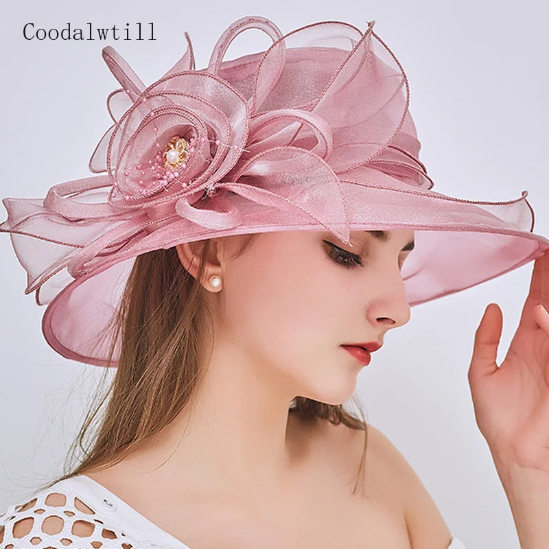 New Women Elegant Summer Organza Hat Bow Flower Sun Hat Wide Brim Fascinator Wedding Headwear Female Derby Travel Event Chapeau