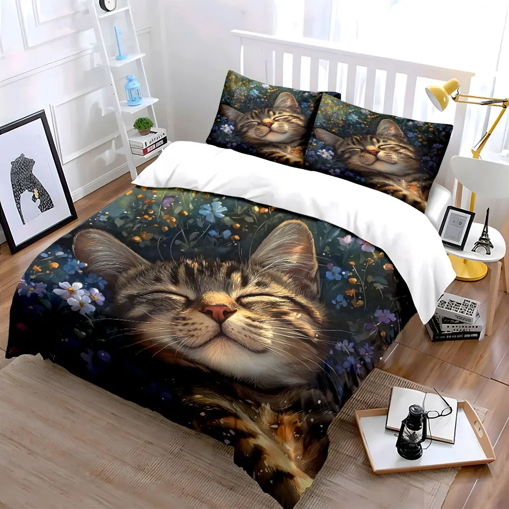 Relaxed cat in a dreamy meadow Printed Duvet Cover Set1 Duvet Cover+2 PillowcaseMulti Size Bedroom Bedding Decor Luxury gifts