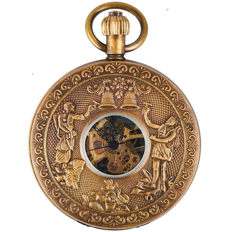 مجموعة تذكارية مزدوجة مفتوحة، معدن عتيق من النحاس النقي، ساعة جيب ميكانيكية يدوية الصنع عتيقة #1