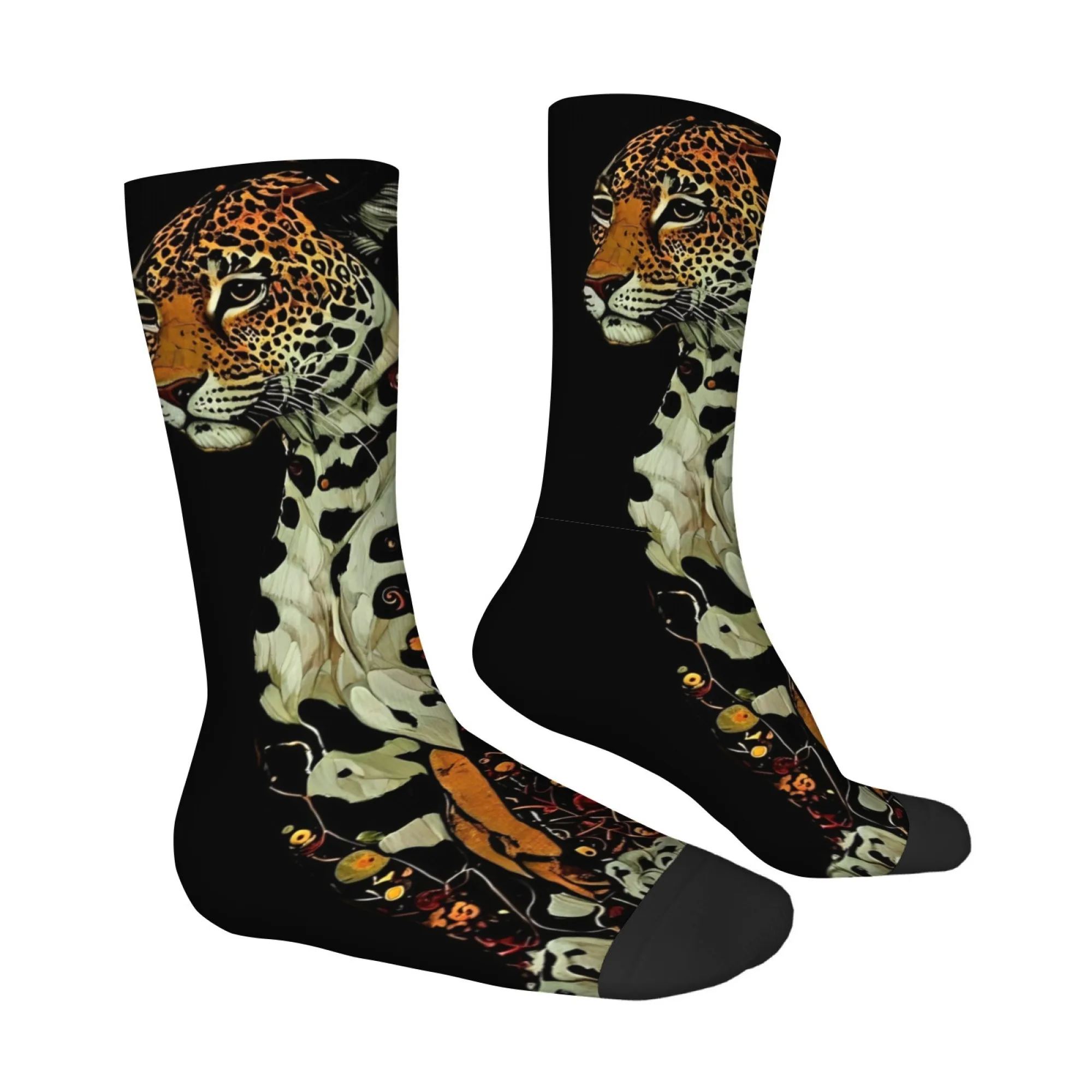 

Мужские носки до середины икры с художественным реалистичным цветочным и леопардовым принтом, черные, удобные спортивные носки для активного отдыха и походов