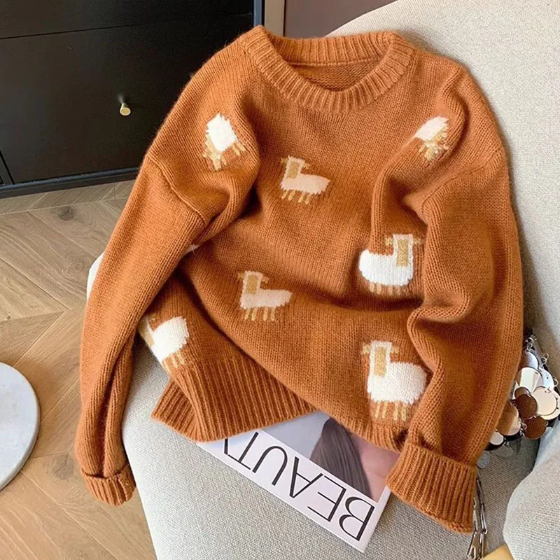 Korean O Neck Cartoon Knitwear Woman Sweater Soft Loose Pullovers Sweater Spring Autumn Casual Knit Jumper Female Tops