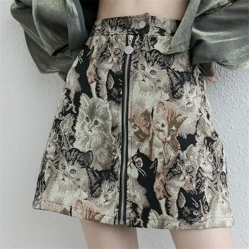 2022 Vintage Autumn Winter Women Skirt Sweet Cat Print A-line Mini Skirt High Waist Fashion Casual Cute Female Skirt Oversize