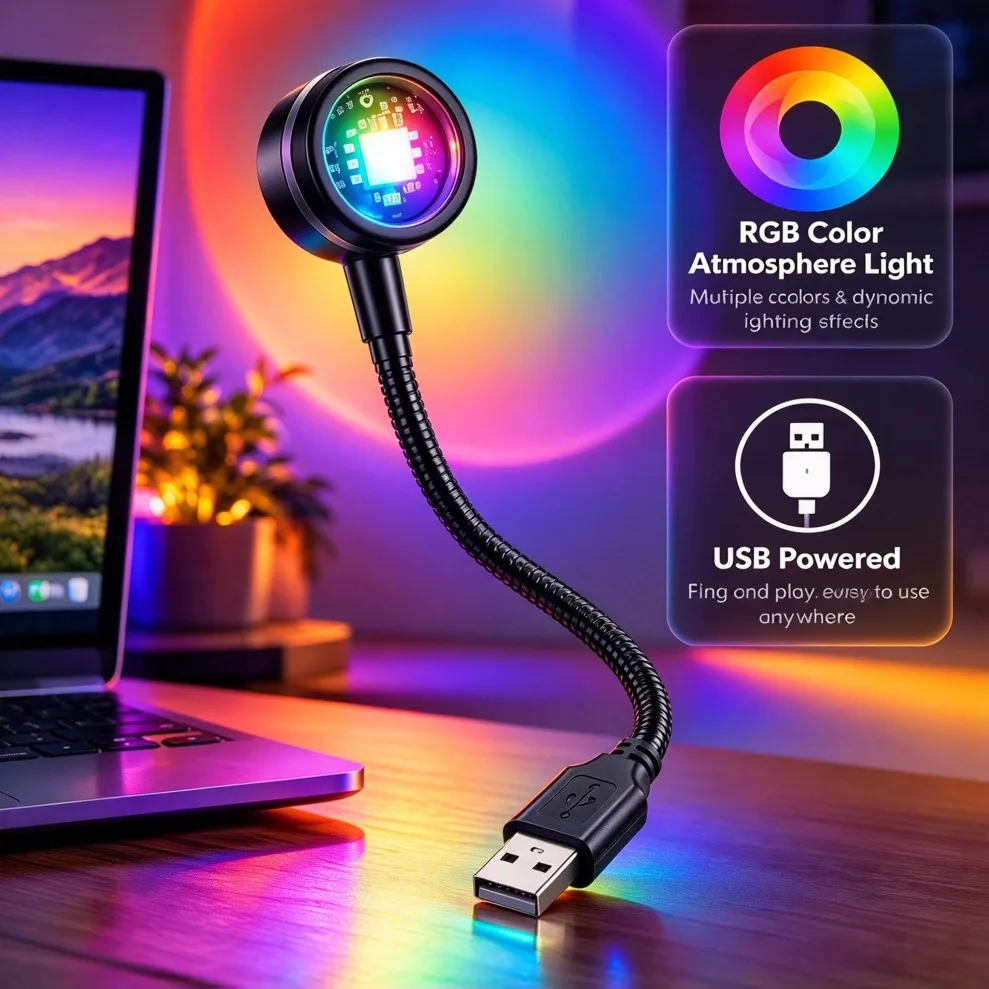 USB 5V Sunset Lamp LED Rainbow Neon Night Light Projector Portable Atmosphere Lighting for Bedroom Home Room Decoration Gifts