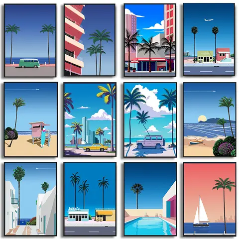 Hiroshi Nagai Palm Springs Sunset Pool Car Print Retro Japanese Pop Poster Wall Art Canvas Painting Museum Pictures Home Decor