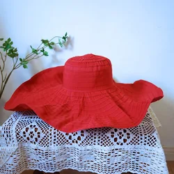 Women 20cm Large Brim Sun Hats Malleable shape Cotton Ribbon Hat Red Black Summer Hat Foldable Beach Hat Party Wedding Dress Hat