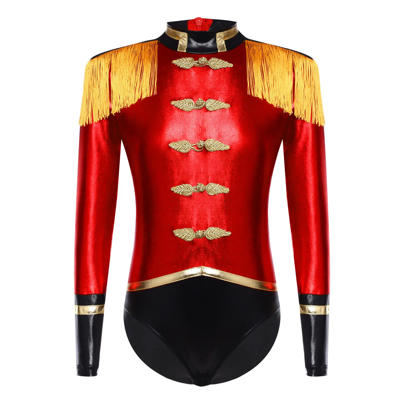 

Circus Ringmaster Costume – Metallic Shiny Leotard with Tassel Epaulets & Decorative Buttons for Cosplay & Masquerade