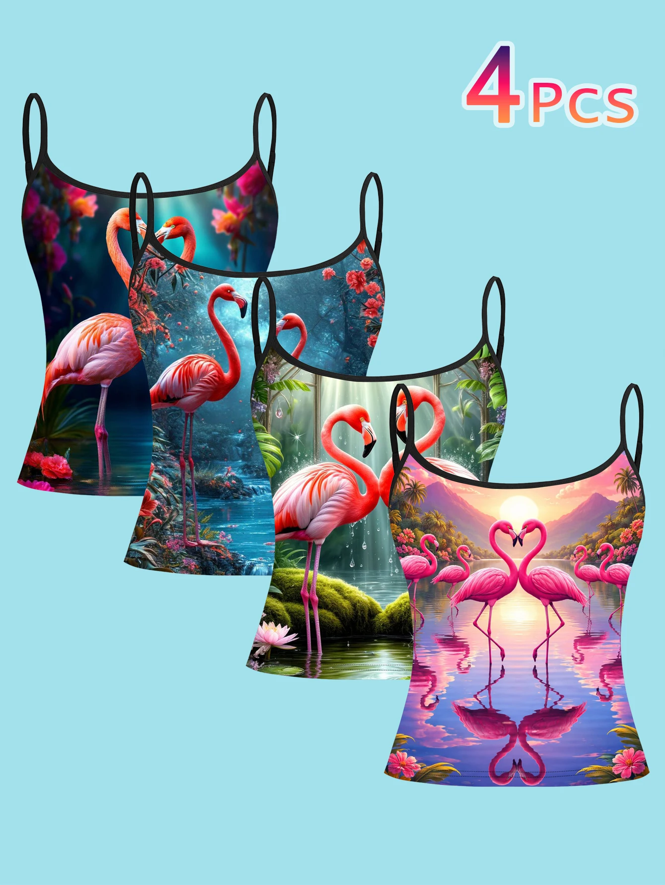 4-Piece Set of Forest-Themed Waterfall Flamingo Camisole Outfits with Lake and Mountain Sunset Scenery, Women's Spaghetti Strap Inner Wear Base Shirt