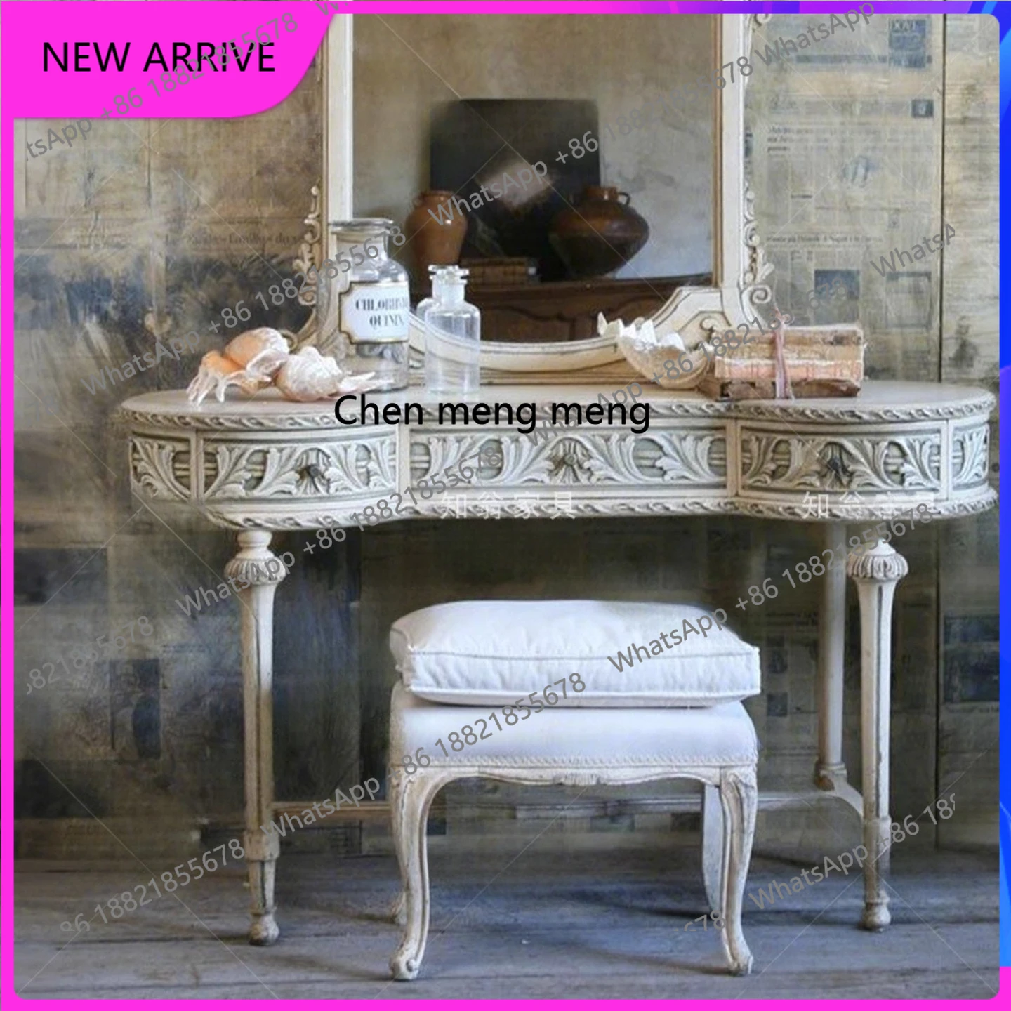 

French retro solid wood carving flower dressing table, dressing table with drawers and mirror dressing table H