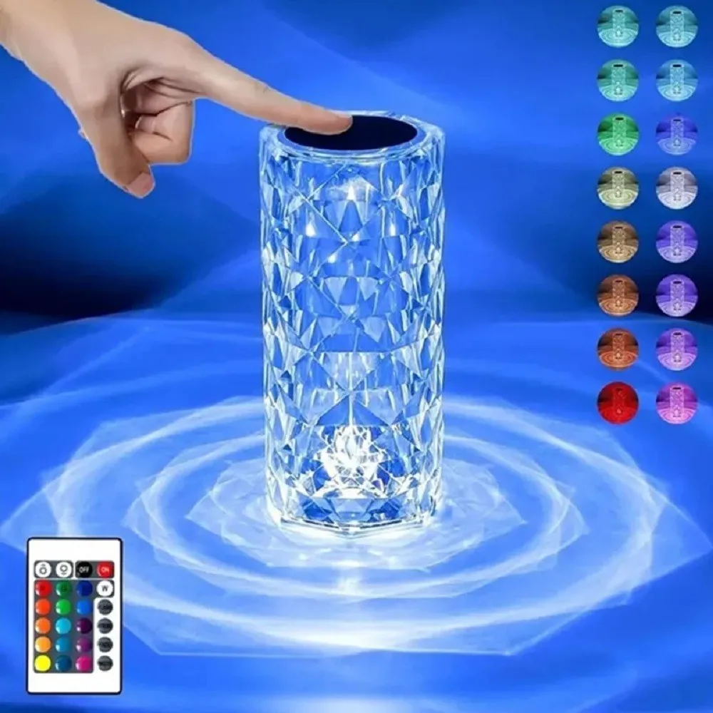 

Crystal Table Lamp 16 Colors LED Rose Light Projector Home Bar Decoration Touch Recharging Romantic Diamond Atmosphere Light