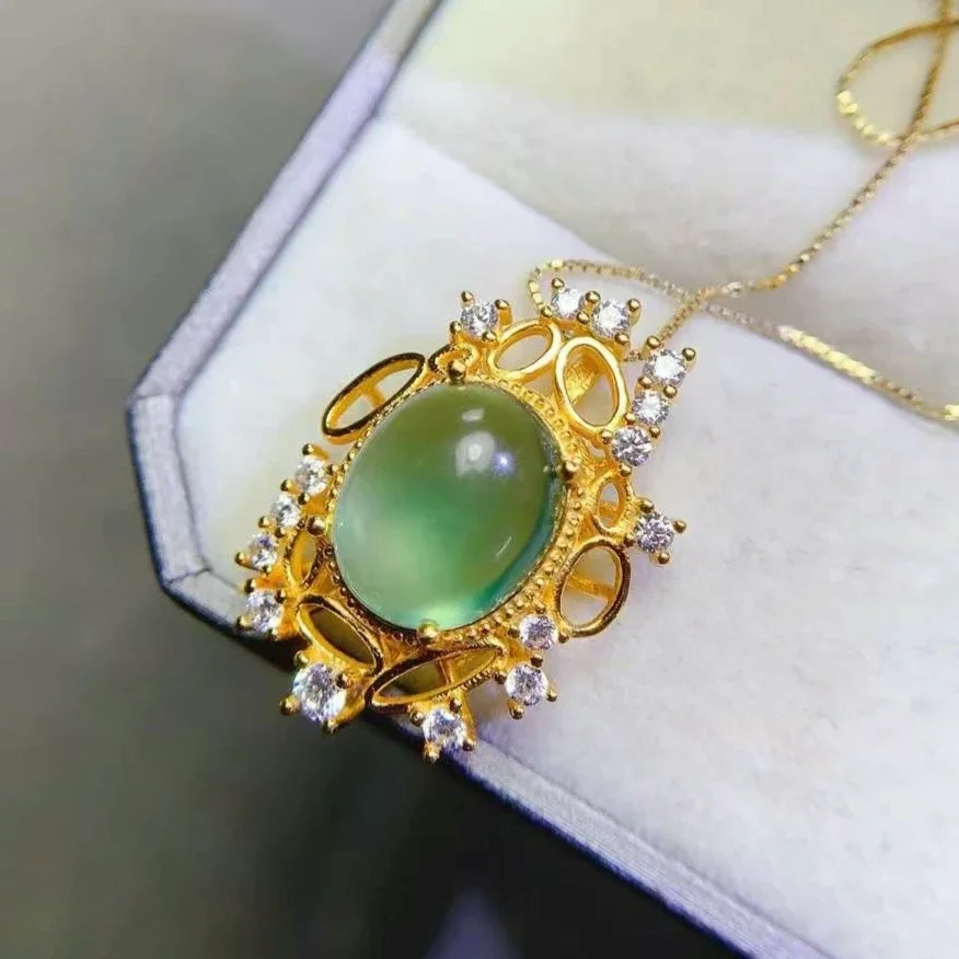 Antique Look 925 Silver Prehnite Pendant for Party 10mm*12mm 6ct Natural Prehnite Necklace Pendant with Thick Gold Plating