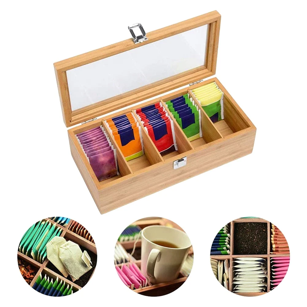 Multifunctional Bamboo System Tea Bag Jewelry Organizer Storage Box 5 Compartments Tea Box Organizer Sugar Container