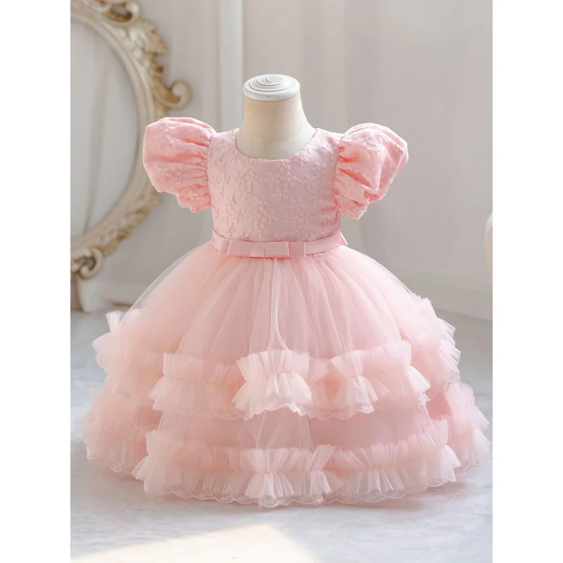 New Year-Old Dress Cross-Border Little Kids' Princess Dress Pettiskirt Puff Sleeve Lace Flower Clothing Edge in Stock