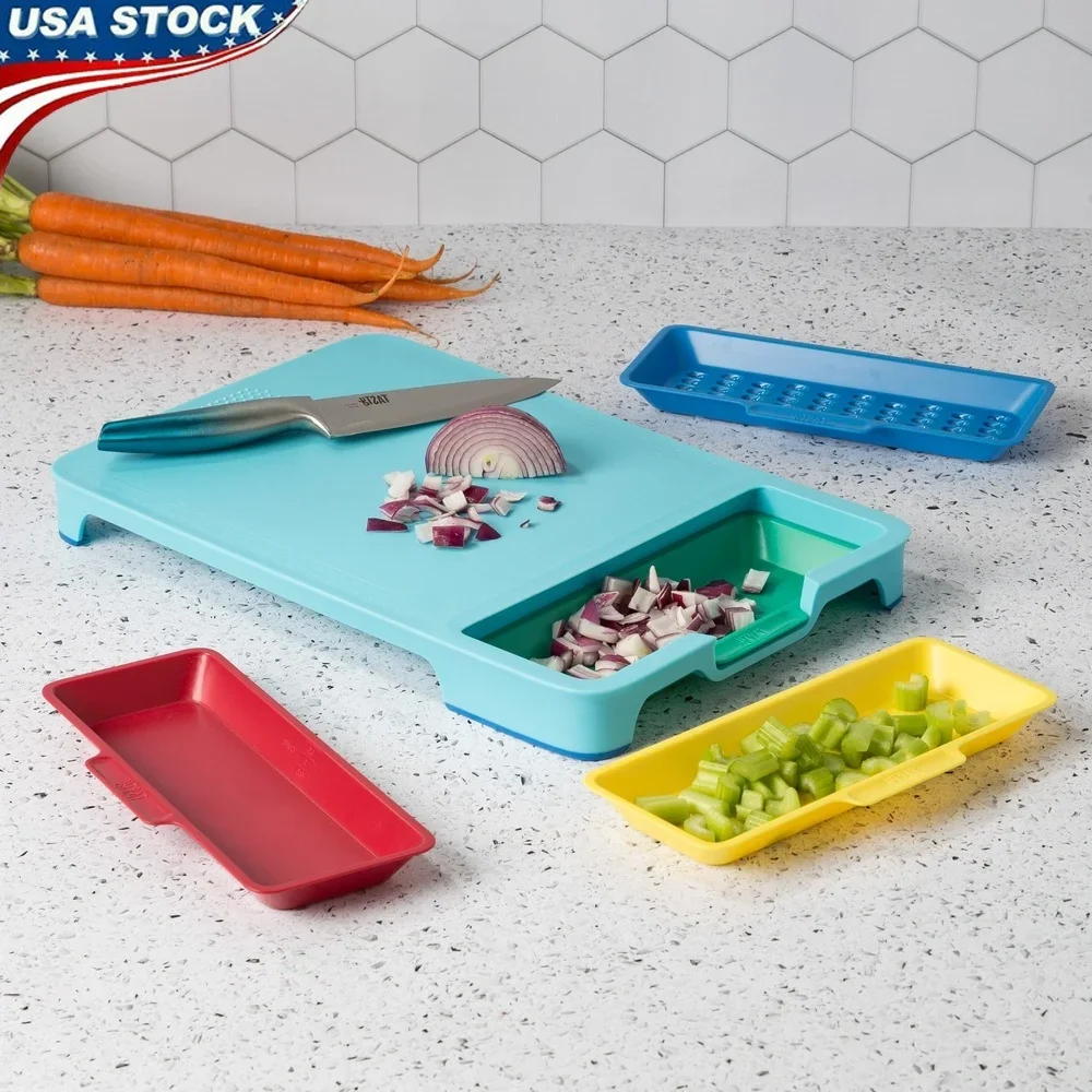 

Poly Cutting Board Prep Station Set with Removable Trays Non Slip Measuring Grater Herb Stripper Strainer Dishwasher Safe 5