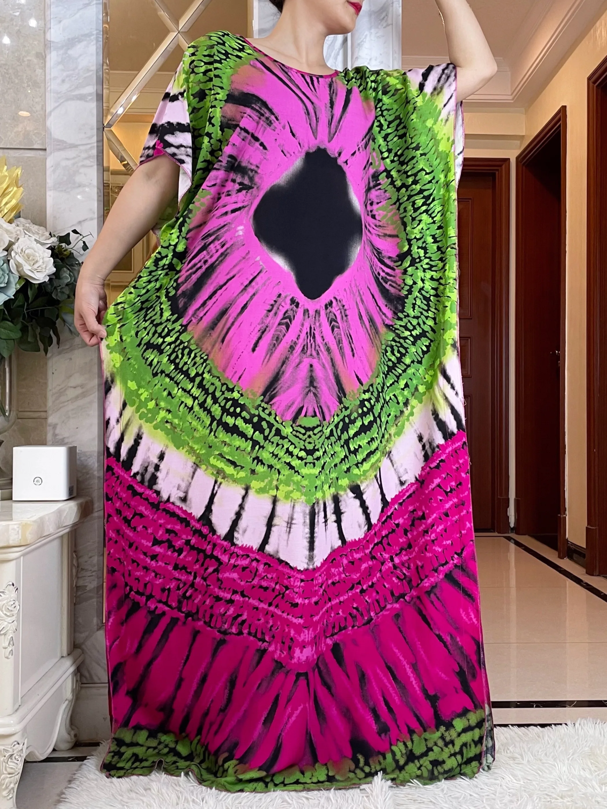 2023New Dubai Muslim Short Sleeve Dress With Big Scarf African Dashiki Printing Cotton Caftan Lady Summer Maxi Casual Abaya