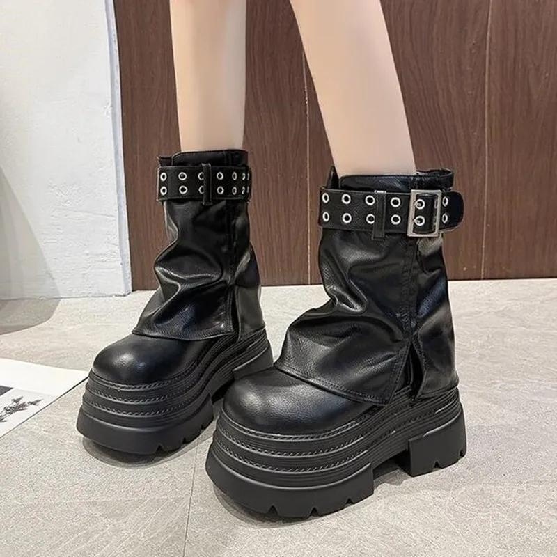Winter Women Biker Boots New Fashion Belt Buckle Ladies Elegant Platform Long Pipe Booties Casual Women's Middle Calf Booties