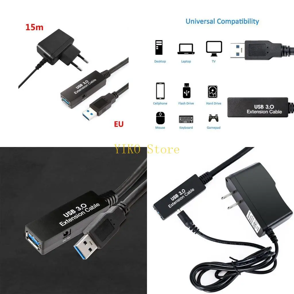 K32C USB Active Extension Cable with Power Adapter, USB Extender Male to Female Cord with Built-in